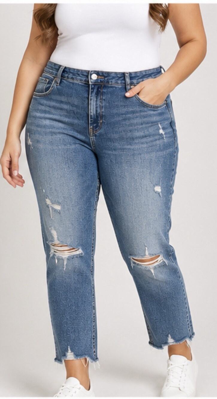 M&S MOM Women’s Jeans Size 20 Medium Indigo Distressed Ripped Raw Hem Denim